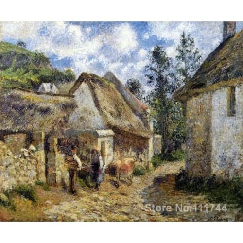 Art landscape A Street in Auvers Thatched Cottage and Cow Camille Pissarro paintings on canvas High quality Hand painted