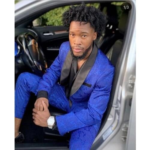 Handsome Royal Blue Floral Formal Men Suits Costume Wedding Groom Tuxedo Slim Fit Terno Masculino Prom Party Best Man Blazer