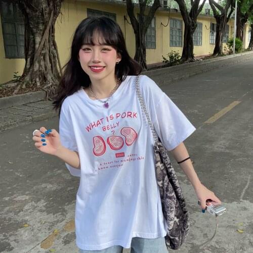Summer college style letter printing half-sleeved mid-length loose cotton T-shirt all-match casual women