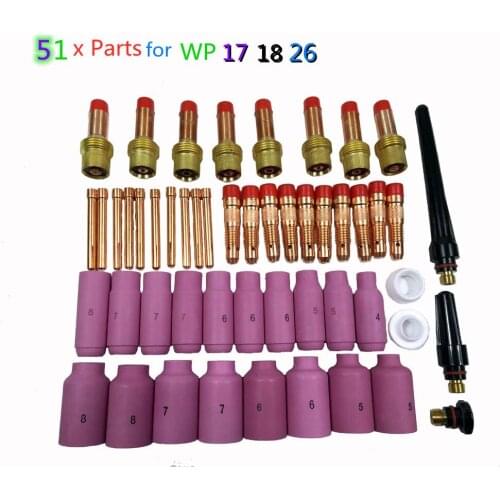 51Pcs TIG Welding Torch Stubby Gas Lens For WP17 WP18 WP26 TIG Back Cap Collet Bodies Spares Kit Durable Practical Accessories