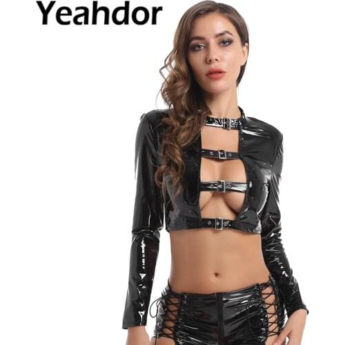 Fashion Womens Buckles Gothic Punk Style Crop Tops Wet Look Patent Leather Long Sleeves Sexy Hollow Out Clubwear Zipper Top