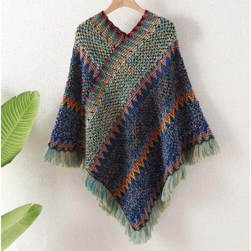 2021 autumn and winter womens new mid-length cloak shawl sweater womens jacket retro ethnic tassel pullover knitted top