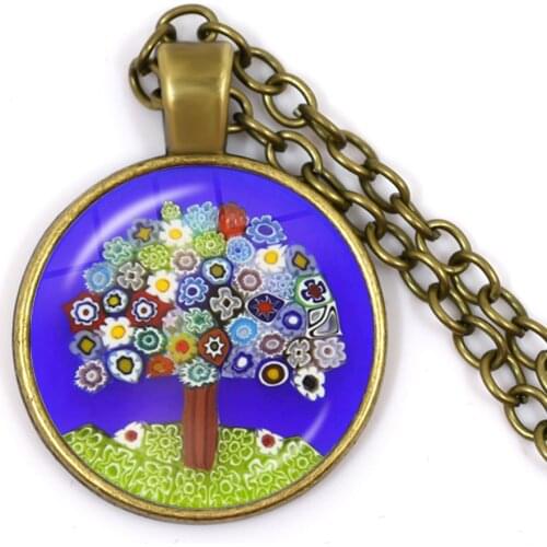 Tree Of Life Pendant Necklace Murano Millefiori 25mm Glass Cabochon Necklace Jewelry For Women Men Gift Wholesale