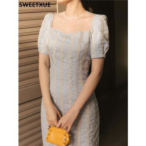 SWEETXUE Summer French Fashion Retro Square Collar Sress Gentle Embroidered Mesh Patchwork Elegant Improved Cheongsam Dress Lady