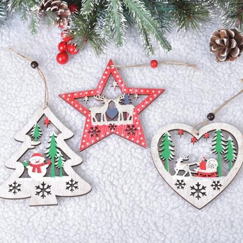 Cute Wood Colored Drawing Christmas Tree Star Love Heart Shape Showcase Pendant Xmas Hanging Ornament Holiday Decoration