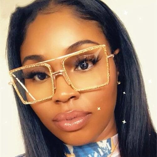 Full Crystal Square Clear Glasses Frame For Women Vintage Alloy Rhinestones Shiny Eyeglasses Men Gold Silver Shades Transparent