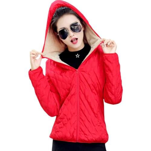 Pop women winter jacket hooded fleece solid coat spring thin outerwear female short parka zipper jaqueta feminina