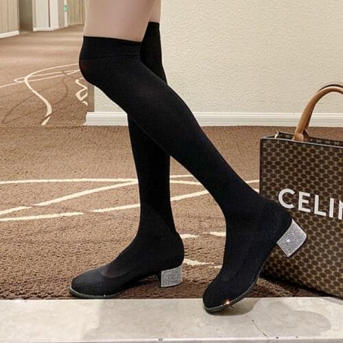 Sexy Thigh High Boots Women Rhinestone High Heels Shoes 2021 Fashion Stretch Fabric Sock Boots Heels Women Over-the-Knee Boot