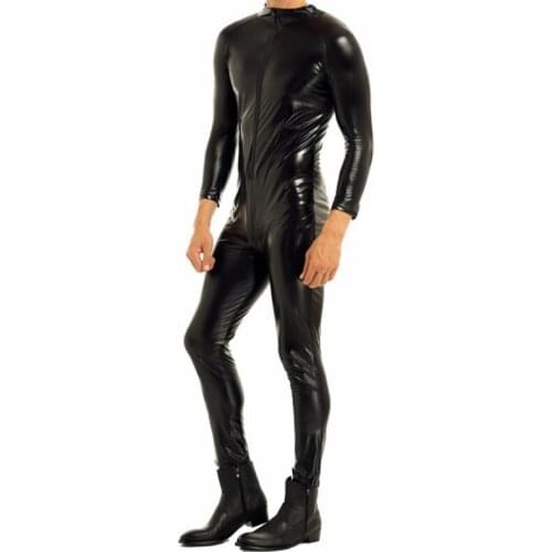 Plus Size S-4XL Sexy Men Catsuit Faux Leather Front Zipper Over Crotch Bodysuit Fetish Costume Night DS Club Wear Overall