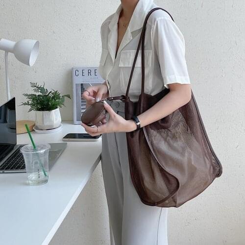 Mesh Shoulder Bag for Women 2021 New Summer Net Yarn Ladies Large Capacity Composite Tote Bags Female Beach Travel Bag Handbags