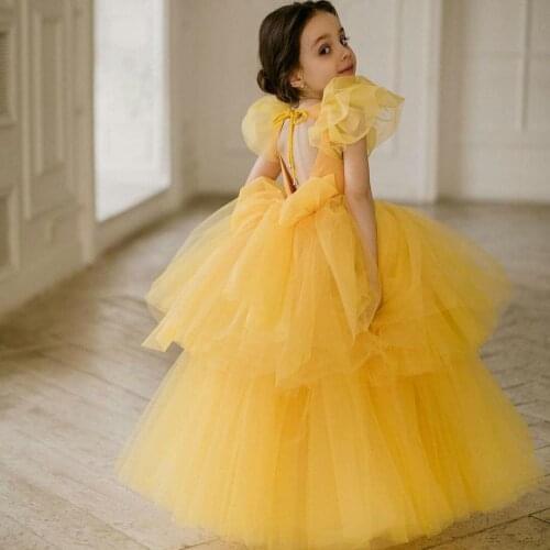 Yellow Flower Girl Dresses For Wedding Jewel Neck Short Sleeves Tiers Giels Pageant Gowns Birthday Party Wear Kids Prom Dress