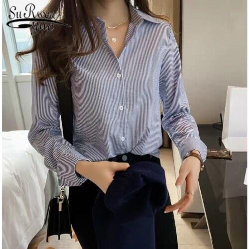 Fashion Striped Women Shirt Long Sleeve Turn Down Collar Autumn Blouses Korean Style Work Office Lady Shirt Tops 7459 50