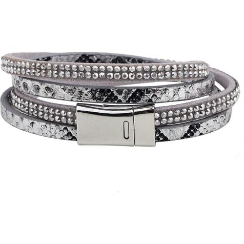 Fashion Crystal Snake Leather Bracelet Charm Women Double Layers Wrap Bracelet With Stainless Steel Buckle