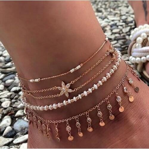 Tocona Boho Flower starfish Water Drop Shape Crystal Multilayer Anklet Set for Women White Beaded Foot Chains Bracelet 8284