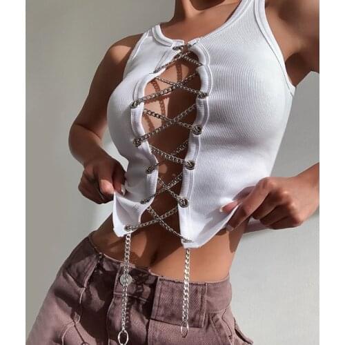 2021 New Style Womens Sexy Crop Tank Top Casual Solid Color Sleeveless Open Front Chain Lace Up Camisole Summer