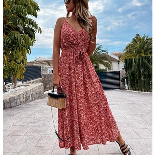 Summer Womens Floral Dress Sexy Backless Spaghetti Strap Deep V-neck Sashes Maxi Boho Dress New Arrival 2021 Streetwear Robes
