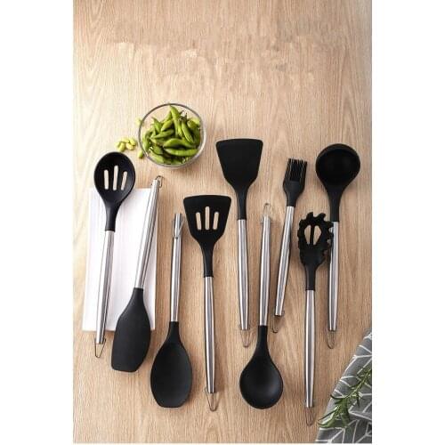 10pcs/lot Kitchen Premium Silicone Stainless Steel Cooking Utensils Set Non-stick Spatula Heat Resistant Cooking Tools XB 025