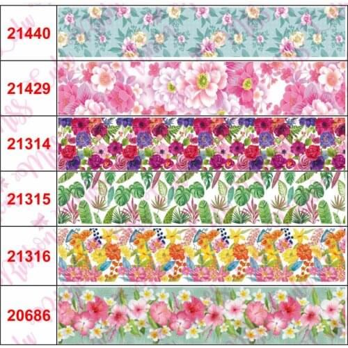16mm-75mm Flower Series Pink Rose Printed Grosgrain/Foe Ribbon Green Leaf DIY Hair Bowknots Wedding Party Decor 50yards/roll
