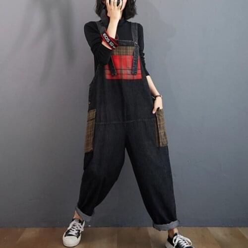 #2339 Spring Black Denim Jumpsuits Women Vintage Overalls Patchwork Pockets Loose Rompers Womens Wide Leg Harem Jumpsuit Female