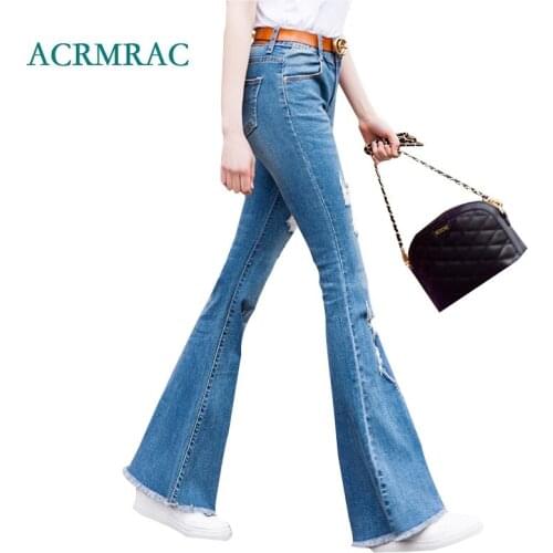 ACRMRAC Womens jeans New 2018 Spring and autumn Slim Light blue Middle waist tassel Holes Skinny Flare Pants Full Length jeans