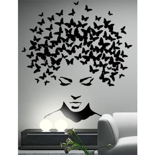 Art Home Decor Beauty Salon Girl With Butterfly Hair Wall Decals Vinyl Sticker Bedroom Living Room Decoration Wallpapers LC1836
