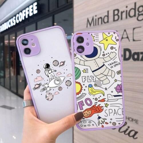 Star Astronaut Phone Case For iPhone 12 11 Mini Pro XR XS Max 7 8 Plus X Matte transparent Purple Back Cover