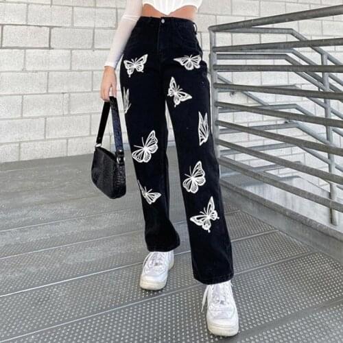 Jeans Women Vintage Streetwear Women Denim Jeans Fashion Butterfly Print High Waist Jeans Straight Jeans Trousers Black Jeans