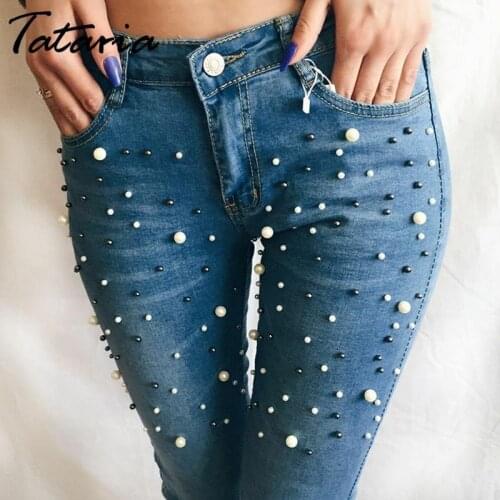 Denims Women Skinny Jeans With Pearls Pants Slim Female Beading Mid Waist Pencil