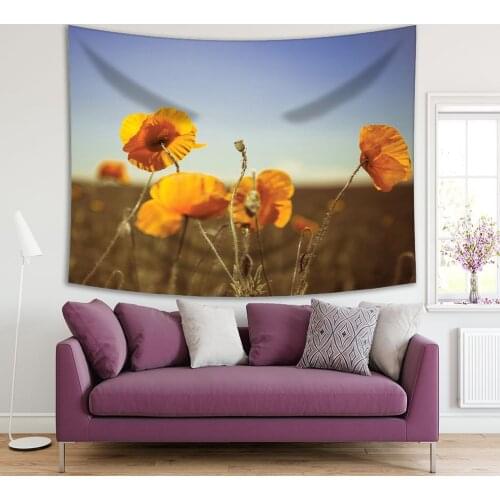 Tapestry Wild Poppy Flowers horse Summer Meadow Wildflowers at Sunrise Nature Landscape Blue Yellow Brown