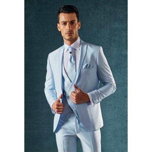 Hot Sale One Button Light Blue Groom Tuxedos Peak Lapel Groomsmen Mens Wedding Prom Suits (Jacket+Pants+Vest+Tie) NO:116