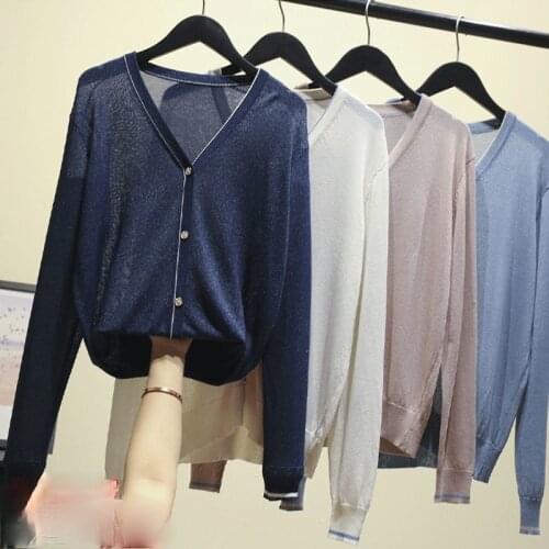 Women Clothing Spring Autumn Long Sleeve Knit Cardigan Korean Single-breasted Solid Color Jacket Ice Silk Sweater Thin Tops X301