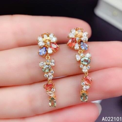 KJJEAXCMY fine Jewelry 925 Sterling Silver Natural color sapphire Girl new popular earring eardrop Support Test Chinese style