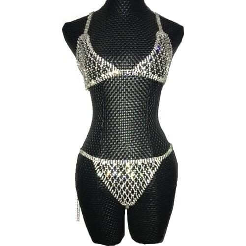 Silver Crystals Chains Bikini Bra Underwear Birthday Dance Party Sexy Wear Two Piece Set Female Singer Bling Costume