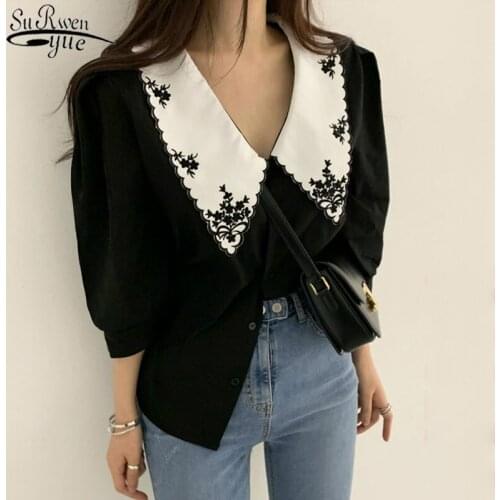 Fashion Puff Half Sleeve Floral Embroidery Blouse Women 2021 Korean Elegant White Shirts Vintage Summer Tops Blusas Mujer 14223