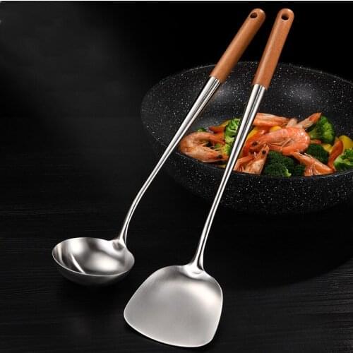 Set of 2 Wood and Stainless Steel Kitehen Cooking Tools Soup Spoon Spatula Utensils Accessories Cook Kitchenware Cutlery Tools