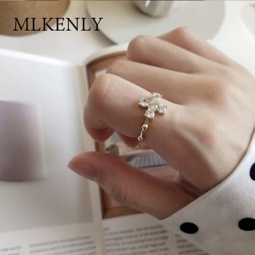 MLKENLY INS 925 Sterling Silver Open Ring Dazzling Cross Flower Ring Clear CZ Wedding Jewelry Punk Party Cubic Zirconia Rings