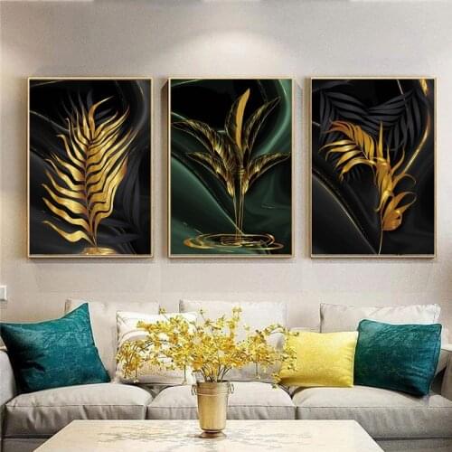Dropship Nordic Modern Gold and Green Leaves Fashion Style Canvas Painting Art Print Poster Picture Wall Living Room Home Decor