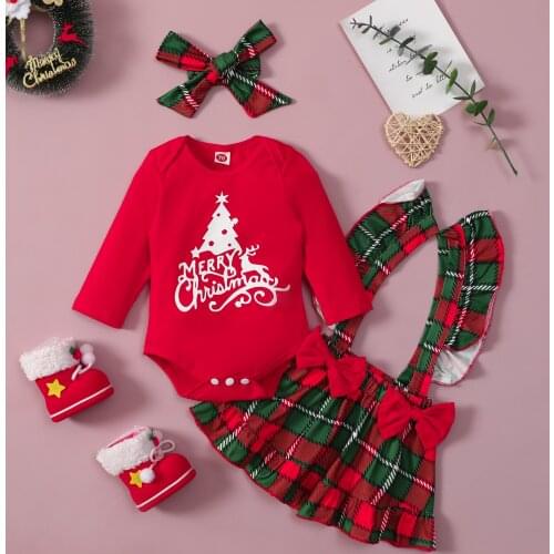 2021 Christmas Baby Clothes Sets 3Pcs Infant Girls Long Sleeve Romper Tops + Plaid Suspender Skirt + Headband Toddler Outfit
