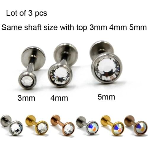 3 pcs 316L Surgical Steel Internally threaded Flat CZ Gem Labret Lip Ring Crystal Ear Cartilage Tragus Helix Piercing Earring