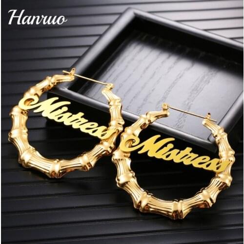 Custom Bamboo Hoop Earrings Personalized Customize Name Earrings Stainless Steel Eardrop Statement Words Numbers Dangler Gifts