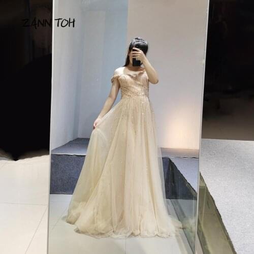 Champagne Prom Dresses Long 2020 Off The Shoulder Beading Tulle Formal Evening Party Gown Robe De Soiree