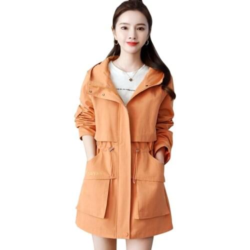Womens Trench Coat 2021 New Fashion Embroidery Drawstring Hooded Mid-Long Outerwear Large Size Female Windbreakers Autumn Coats