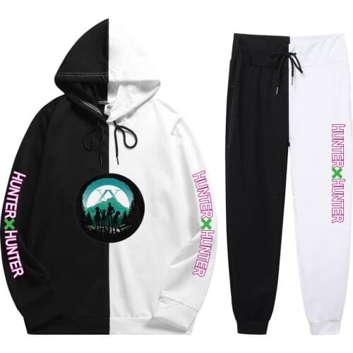 Street Unisex 2 Pieces Sets Anime Hunter X Hunter Print Summer Leisure Comfortable Patchwork Thin Hoodie+Patchwork Pants