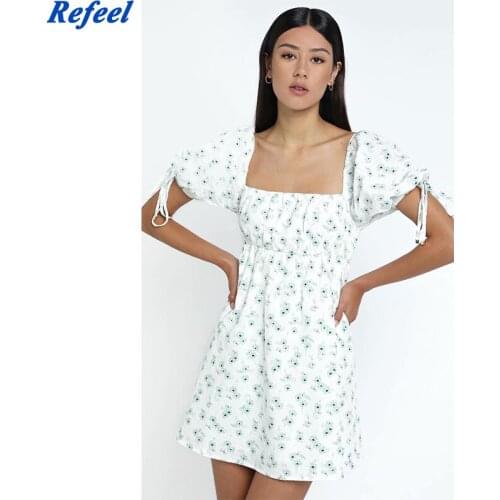 Green Floral Print Summer Dress Women Square Neck Backless Puff Sleeves Mini Dresses Female Casual Dress 2021 Vestidos