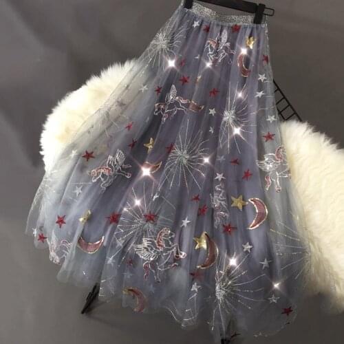 Fashion Women Runway 2021 Spring New Arrival Luxury Stars Flower Embroidery Sequined Beaidng Long Skirt