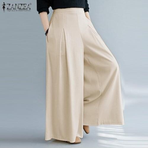 Woman Spring Trousers ZANZEA 2021 Fashion Wide Leg Pants Casual High Elastic Waist Long Pantalon Palazzo Female Culottes Turnip