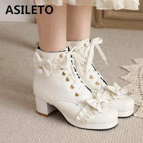 ASILETO Winter Ankle Boots Women Lolita Platform Cute Lace Bow Plus Size 40-43 Japanese Style School Lace-up Boots White S2470
