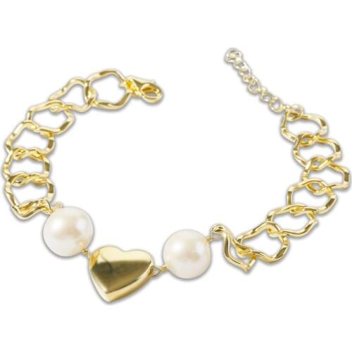 Natural Freshwater Pearl Bracelet 925 Sterling Silver Interlok Chain with Heart Shape Pendant Bracelet For Womens Fine Jewelry