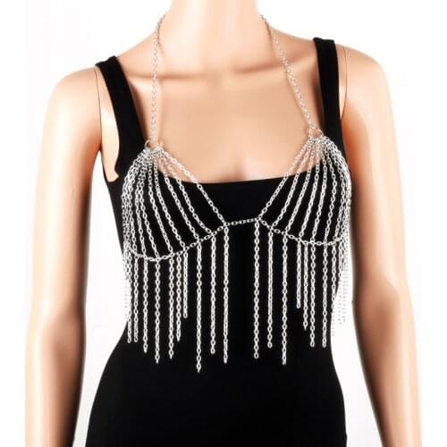 Chran Women Sexy Silver Gold Tone Mesh Beach Chain Bra Wear Slave Harness Tassel Necklace Waist Bikini Dress Jewelry DDBC1019
