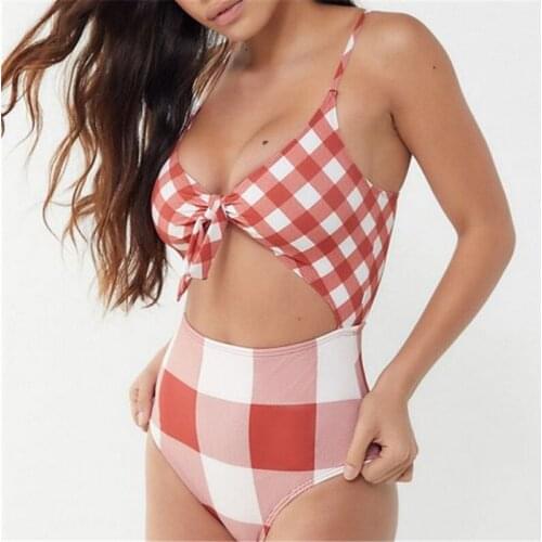 Women High Waist Knot Bikini 2019 Plaid Swimsuit One Piece Push Up Plaid Swimsuit Beach Swimwear Bathing